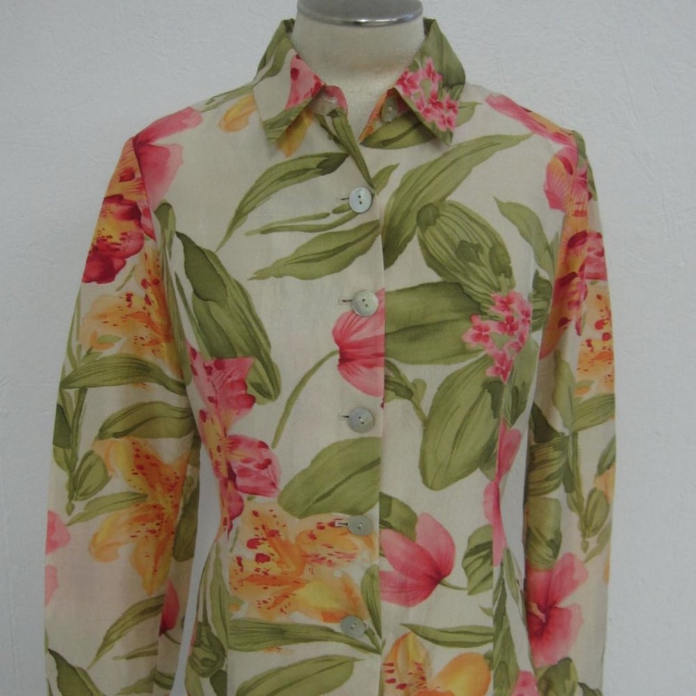 Dana Buchman SILK Blouse Top Shirt Tropical Floral